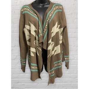 Aztec Print Open Cardigan Knit Sweater Size S M Brown Teal Cream LLove